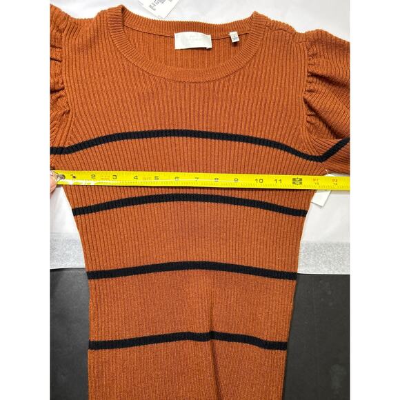 7 for All Mankind Brown Striped Cashmere Blend Puff Shoulder Crew Neck Sweater - Picture 8 of 9